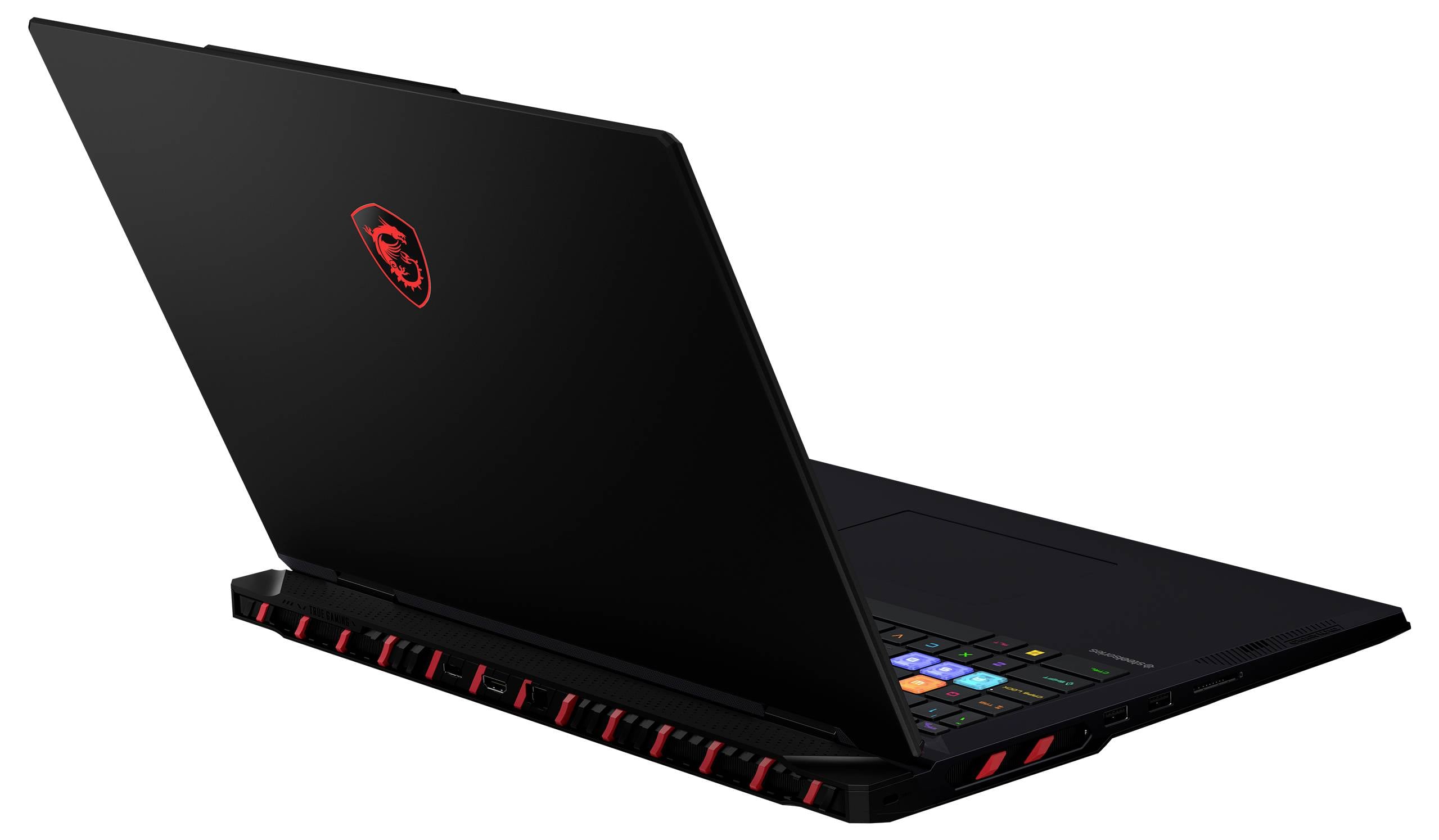Ein schwarzer MSI-Gaming-Laptop, leicht geöffnet in einem Winkel dargestellt, mit einem roten Drachen-Logo auf dem Deckel und rot akzentuierten hinteren Lüftungsöffnungen/Tasten.