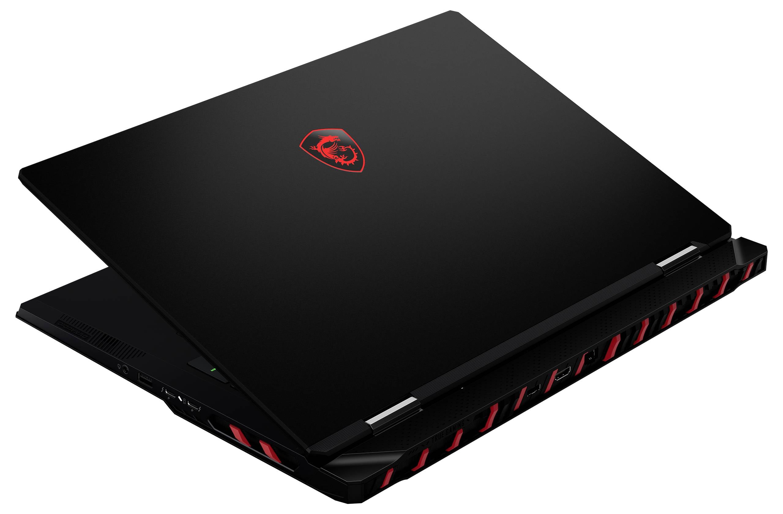Schwarzer MSI-Gaming-Laptop geschlossen, mit rotem Drachenlogo und roten Akzentlüftungen auf weißem Hintergrund.