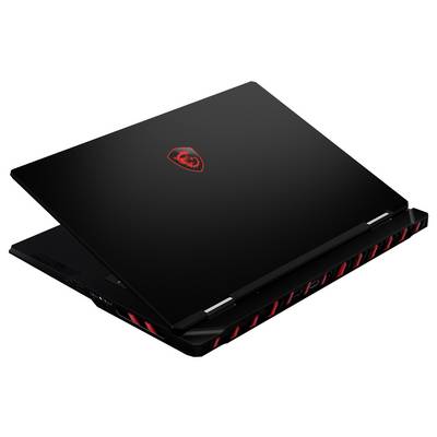 Schwarzer MSI-Gaming-Laptop geschlossen, mit rotem Drachenlogo und roten Akzentlüftungen auf weißem Hintergrund.