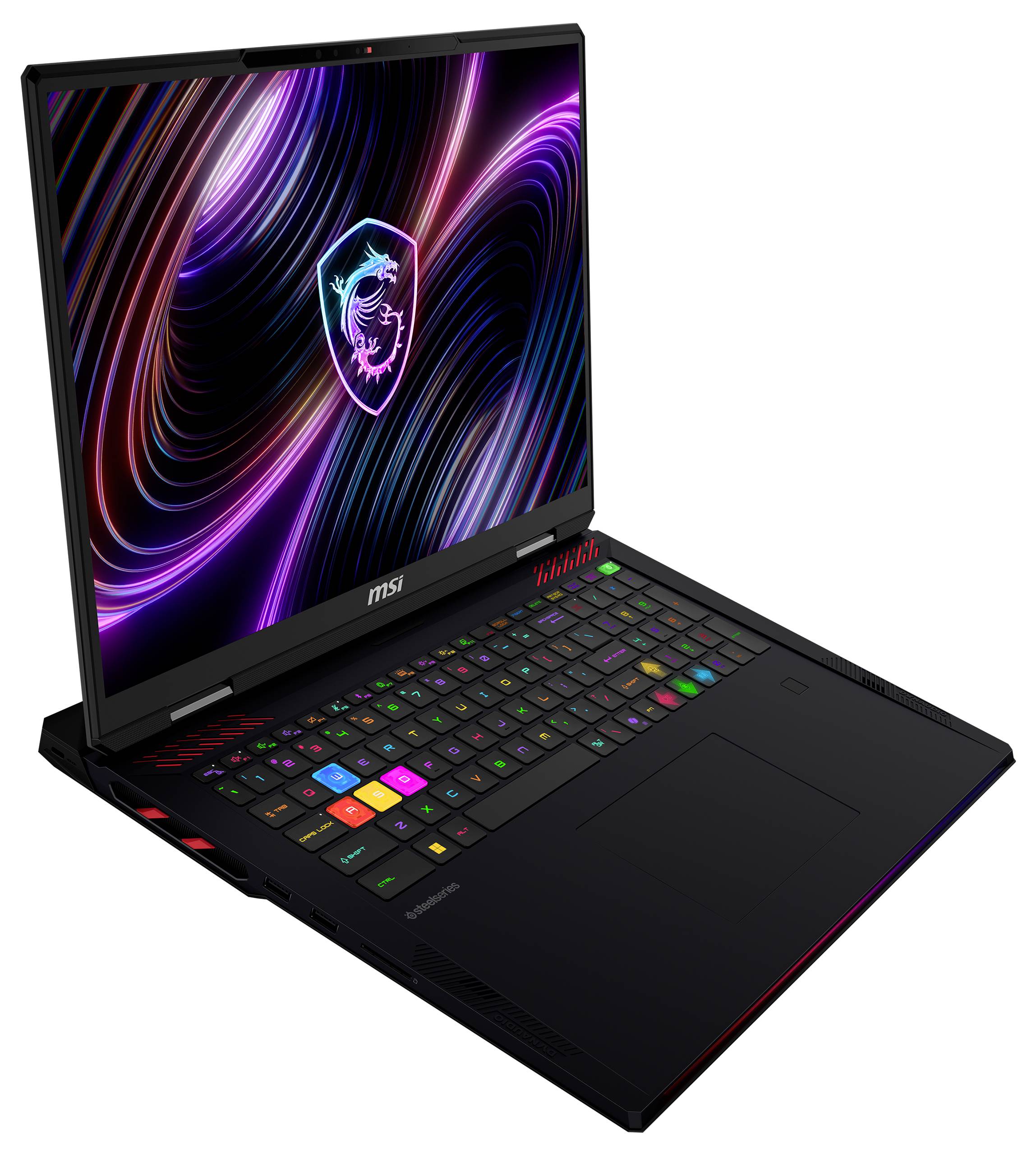 MSI Gaming-Laptop mit RGB-beleuchteter Tastatur und neon-farbigem Drachen-Wirbel-Logo auf dem Bildschirm, gezeigt auf weißem Hintergrund.