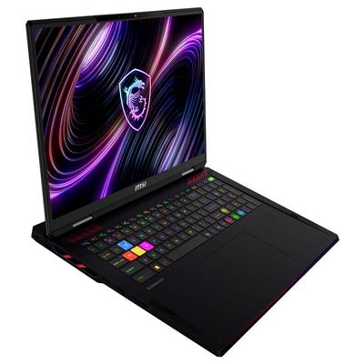 MSI Gaming-Laptop mit RGB-beleuchteter Tastatur und neon-farbigem Drachen-Wirbel-Logo auf dem Bildschirm, gezeigt auf weißem Hintergrund.