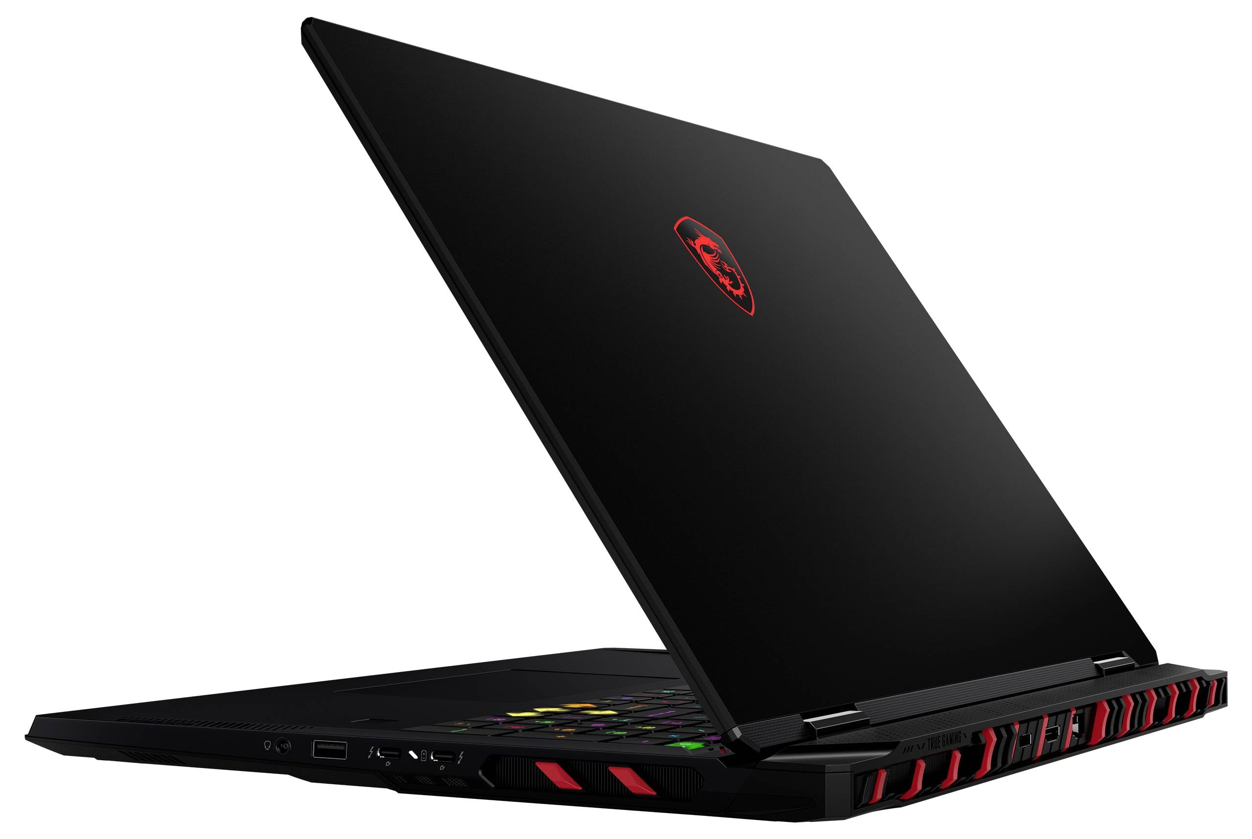 Black gaming laptop with red accents, open at an angle, showing illuminated keyboard and MSI logo on the lid<br><br>---<br><br>Schwarzer Gaming-Laptop mit roten Akzenten, in einem Winkel geöffnet, zeigt beleuchtete Tastatur und MSI-Logo auf dem Deckel