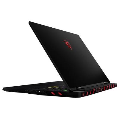 Black gaming laptop with red accents, open at an angle, showing illuminated keyboard and MSI logo on the lid<br><br>---<br><br>Schwarzer Gaming-Laptop mit roten Akzenten, in einem Winkel geöffnet, zeigt beleuchtete Tastatur und MSI-Logo auf dem Deckel