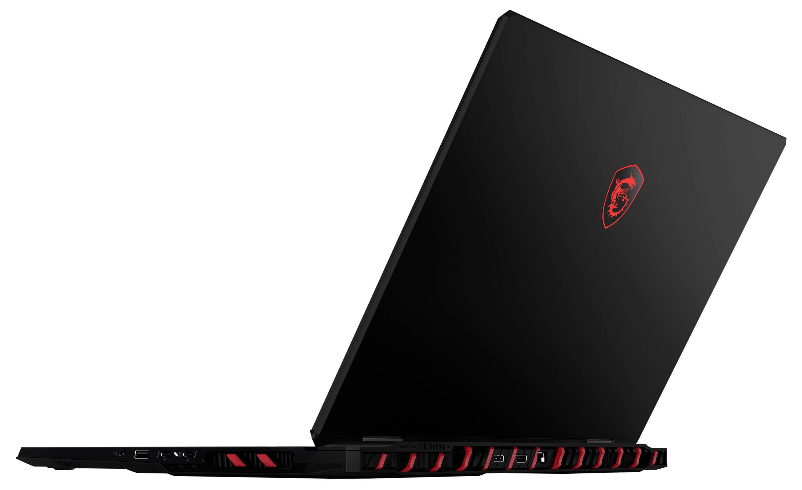 Schwarzer MSI Gaming-Laptop in Seitenansicht, geöffnet mit roten Akzentlüftungsschlitzen und beleuchtetem Logo auf dem Deckel.