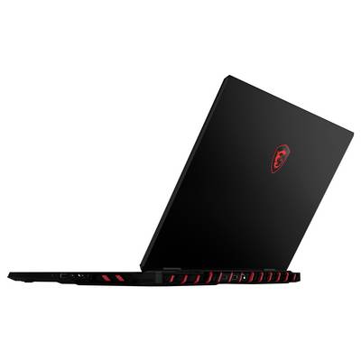 Schwarzer MSI Gaming-Laptop in Seitenansicht, geöffnet mit roten Akzentlüftungsschlitzen und beleuchtetem Logo auf dem Deckel.