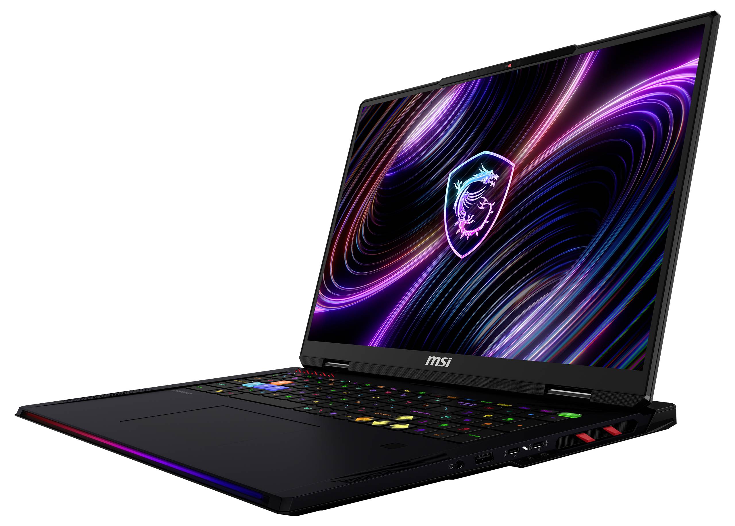 Aufgeklappter MSI Gaming-Laptop in schräger Ansicht, zeigt eine RGB-beleuchtete Tastatur und ein neon leuchtenden Drachenwallpaper auf dem Display.