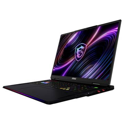Aufgeklappter MSI Gaming-Laptop in schräger Ansicht, zeigt eine RGB-beleuchtete Tastatur und ein neon leuchtenden Drachenwallpaper auf dem Display.