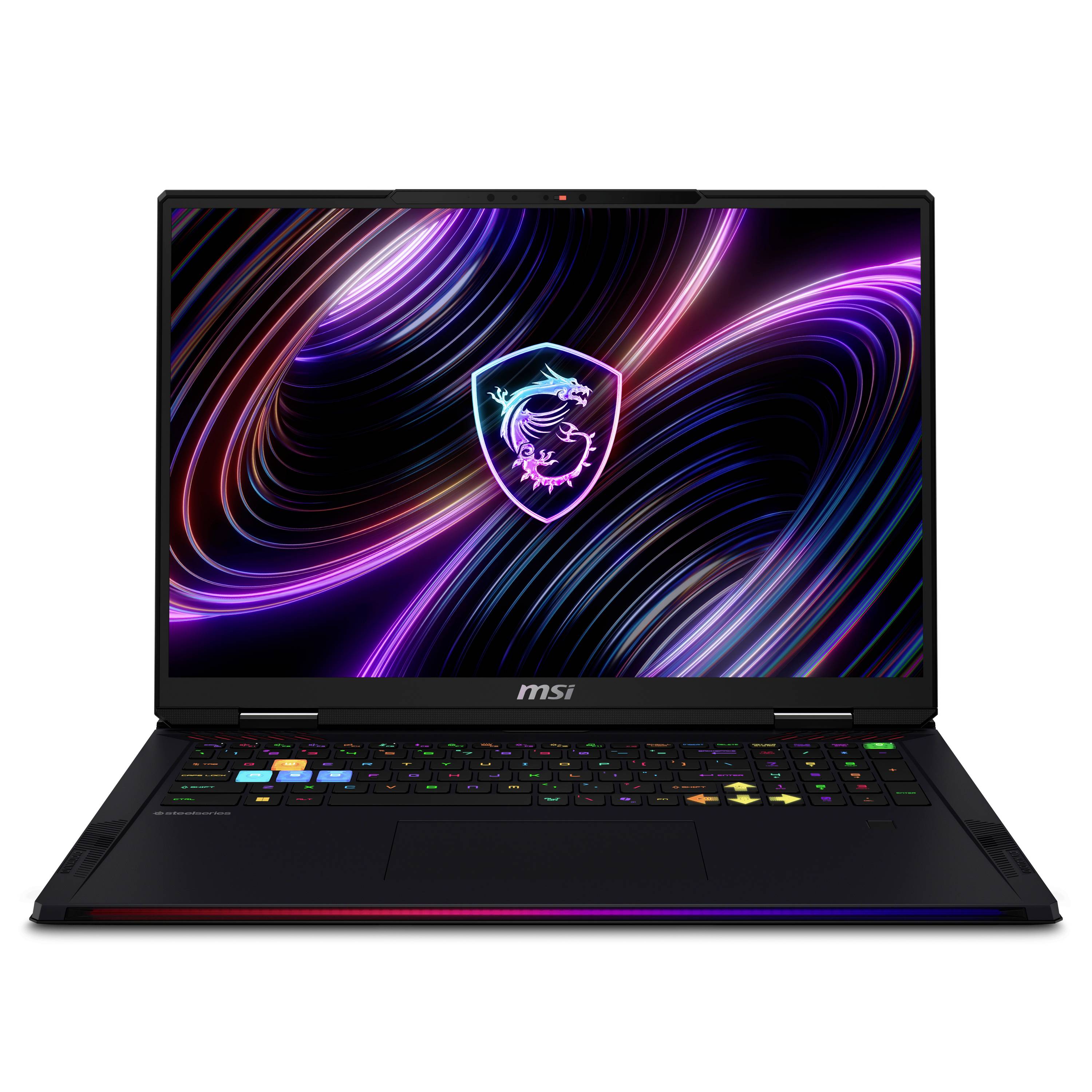 MSI Gaming-Laptop auf weißem Hintergrund geöffnet, zeigt ein neon-abstraktes Hintergrundbild und beleuchtete Tastatur.