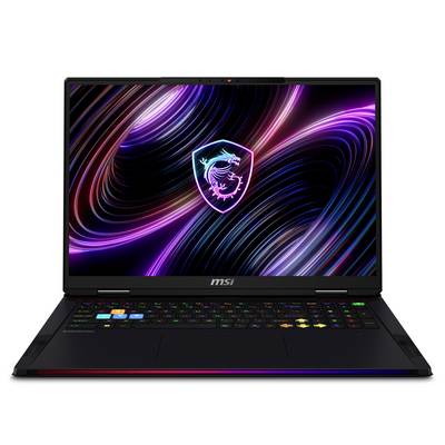 MSI Gaming-Laptop auf weißem Hintergrund geöffnet, zeigt ein neon-abstraktes Hintergrundbild und beleuchtete Tastatur.