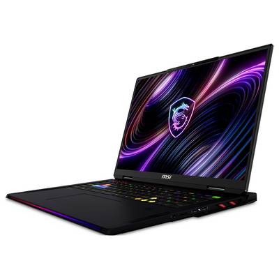 Ein schwarzer MSI-Gaming-Laptop, geöffnet im Winkel gezeigt, mit farbenfrohem Neon-Display und RGB-beleuchteter Tastatur auf weißem Hintergrund.