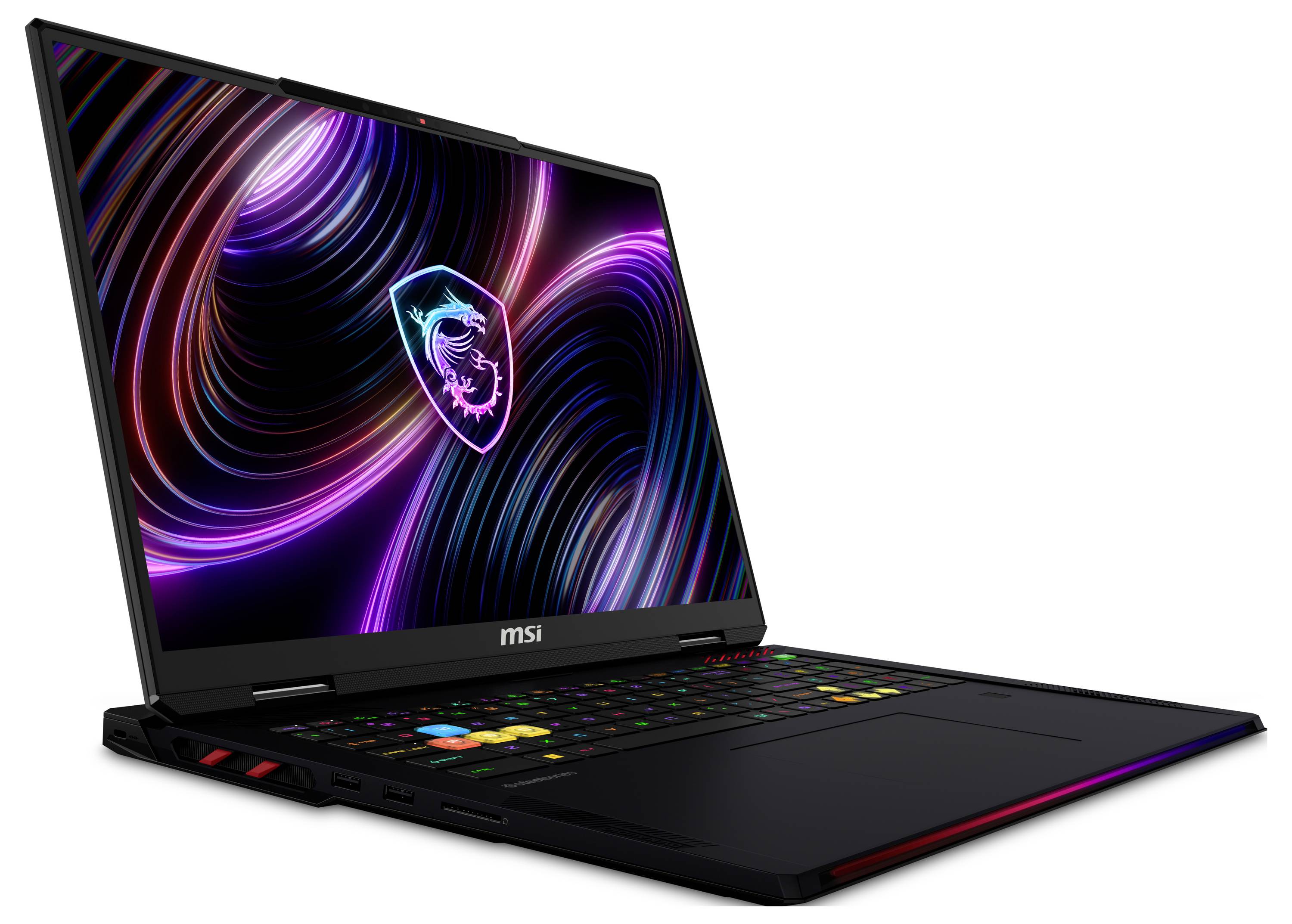 MSI Gaming-Laptop mit buntem Neon-Swirl-Hintergrundbild und beleuchtet Tastatur auf weißem Hintergrund