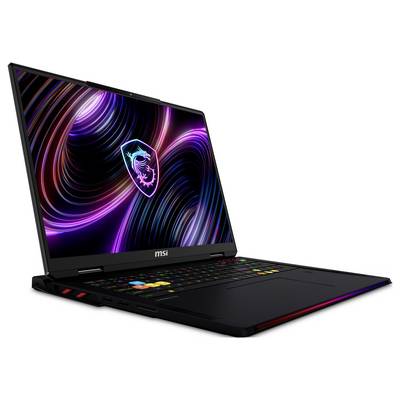 MSI Gaming-Laptop mit buntem Neon-Swirl-Hintergrundbild und beleuchtet Tastatur auf weißem Hintergrund
