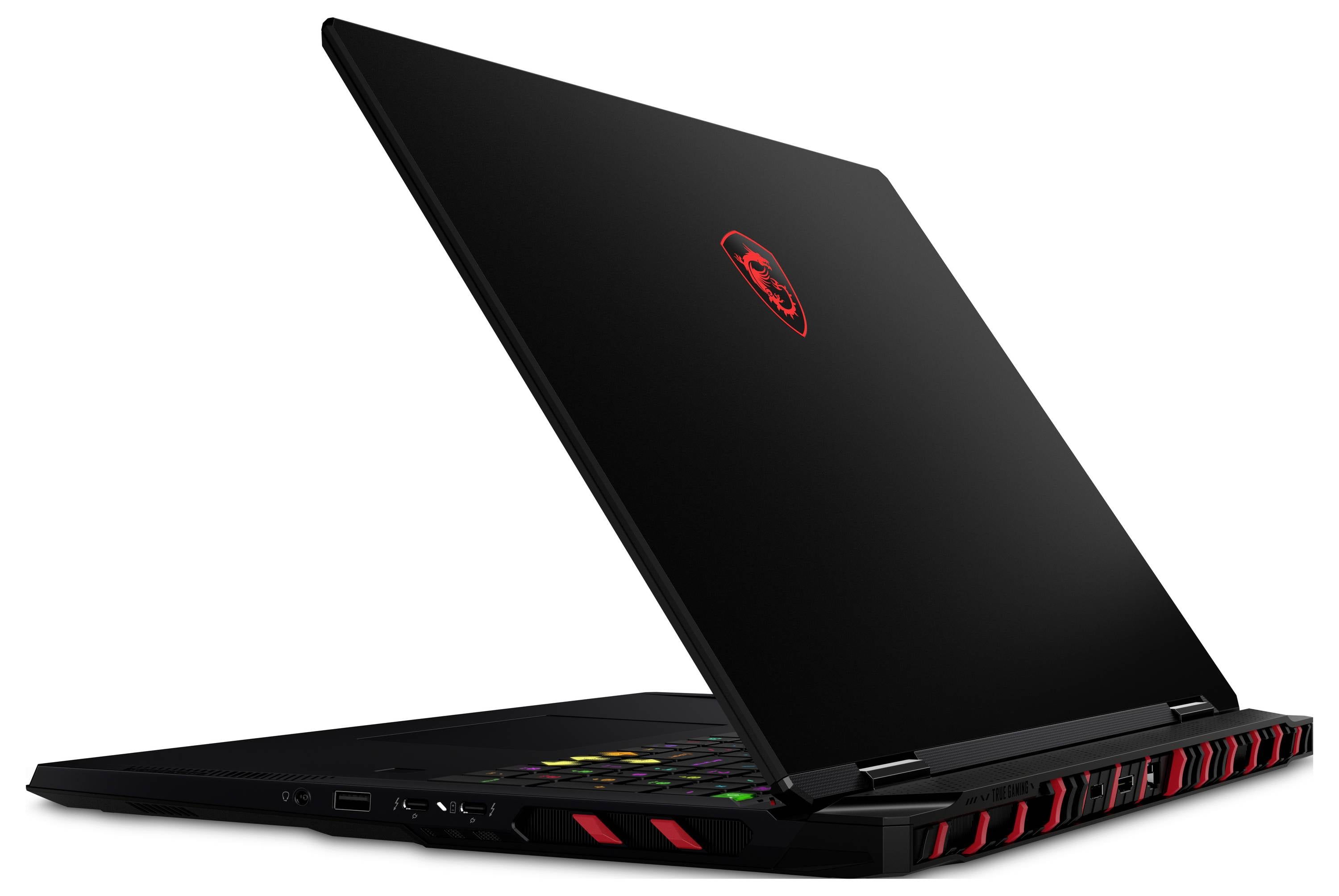 Offenes schwarzes Gaming-Laptop mit roten Akzenten und beleuchteteter Tastatur, teilweise geöffnet vor weißem Hintergrund dargestellt.