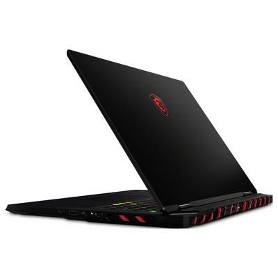 Offenes schwarzes Gaming-Laptop mit roten Akzenten und beleuchteteter Tastatur, teilweise geöffnet vor weißem Hintergrund dargestellt.