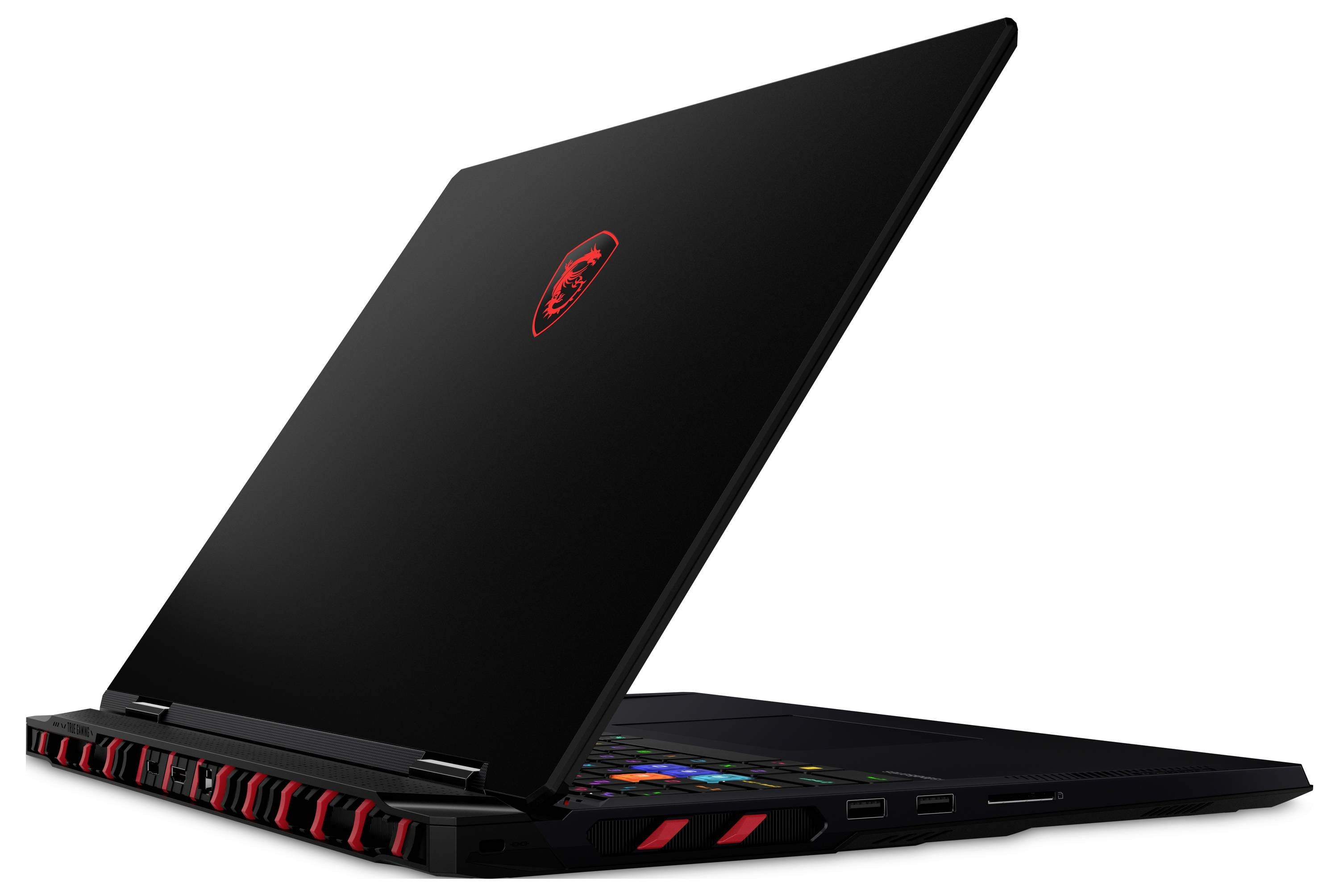 Offener schwarzer Gaming-Laptop mit roten Akzenten und leuchtendem rotem Logo, teilweise zugeklappt auf weißem Hintergrund gezeigt.