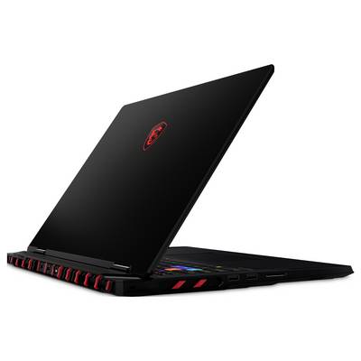 Offener schwarzer Gaming-Laptop mit roten Akzenten und leuchtendem rotem Logo, teilweise zugeklappt auf weißem Hintergrund gezeigt.