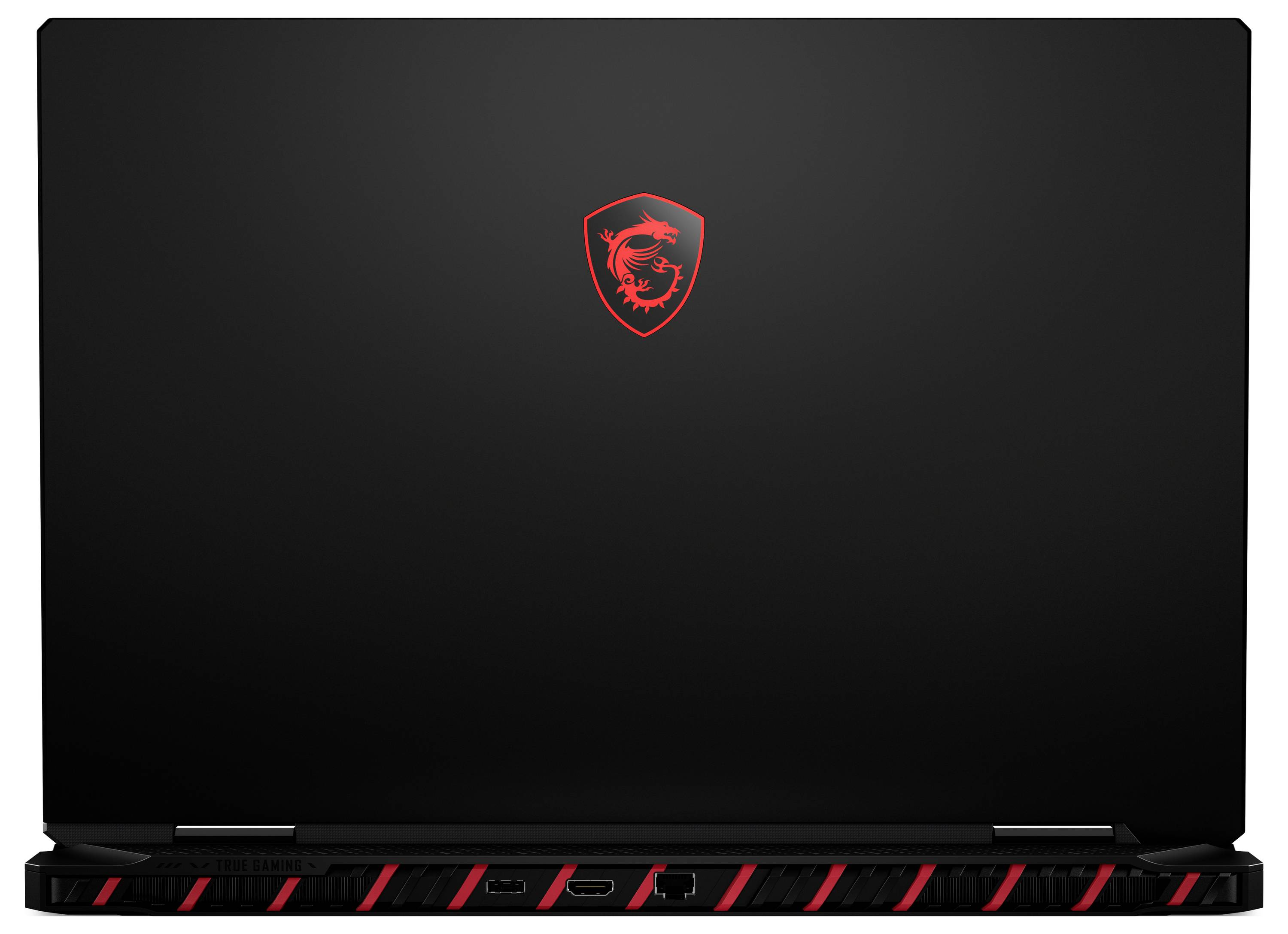 Schwarzer MSI-Laptop mit rotem Drachensymbol und rot gestreifter Vorderkante, geschlossen auf einfachem Hintergrund dargestellt.