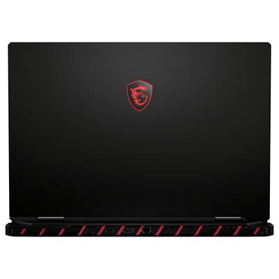Schwarzer MSI-Laptop mit rotem Drachensymbol und rot gestreifter Vorderkante, geschlossen auf einfachem Hintergrund dargestellt.