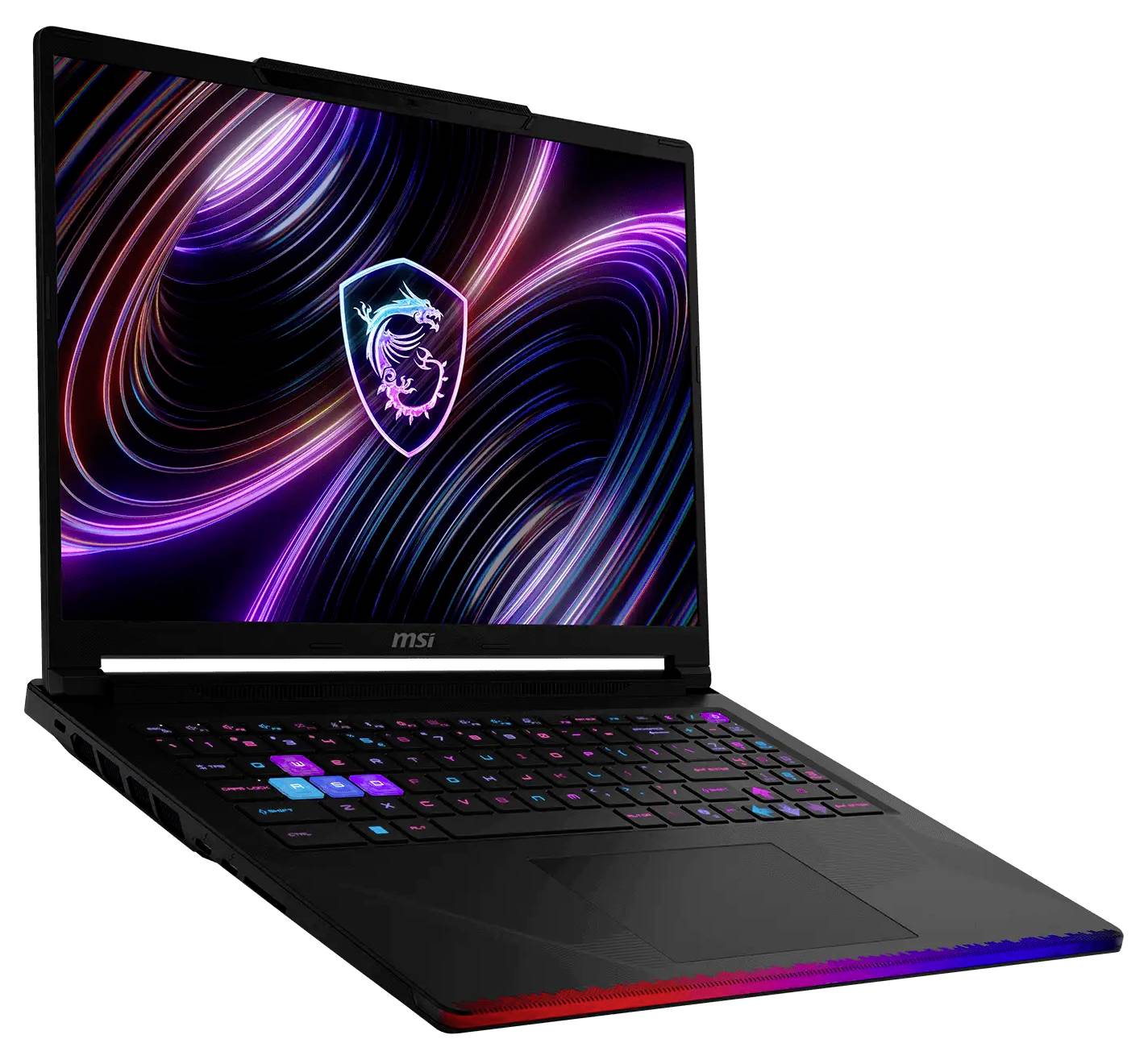 Schwarzer MSI Gaming-Laptop in einem Winkel geöffnet, zeigt einen neon-farbenen Wirbel-Hintergrund auf dem Bildschirm und eine RGB-beleuchtete Tastatur.