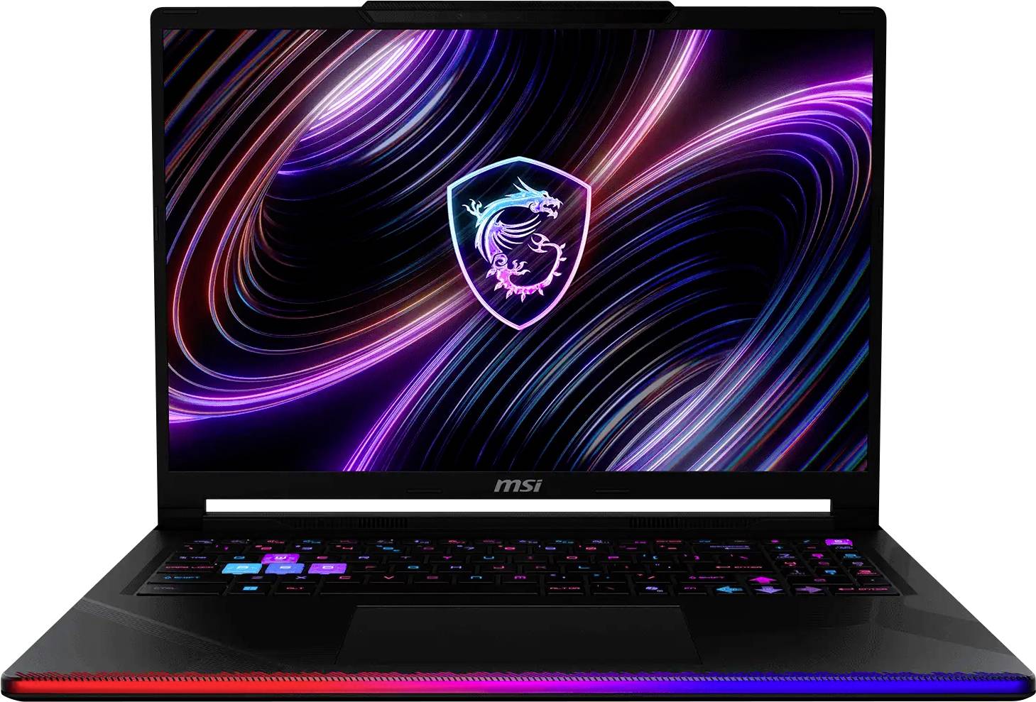 MSI Gaming-Laptop mit leuchtend grünem Drachenlogo auf dem Bildschirm und RGB-beleuchtet Tastatur auf weißem Hintergrund.