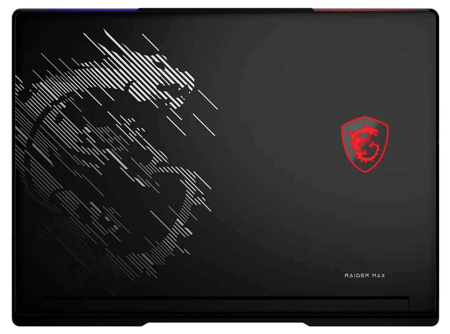 Schwarzer MSI Raider Max Laptop-Deckel mit rotem Drachenschild-Logo und diagonalem Grafikmuster auf der linken Seite.
