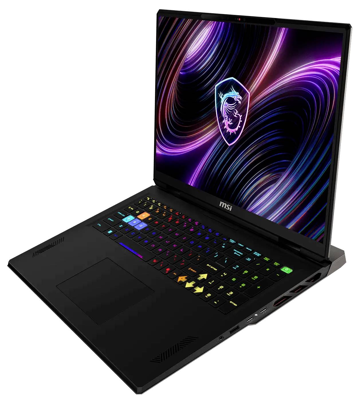 Schwarzer MSI-Gaming-Laptop, der in einem Winkel geöffnet ist und eine farbenfrohe RGB-beleuchtete Tastatur sowie ein neon-abstraktes Hintergrundbild auf dem Bildschirm zeigt.