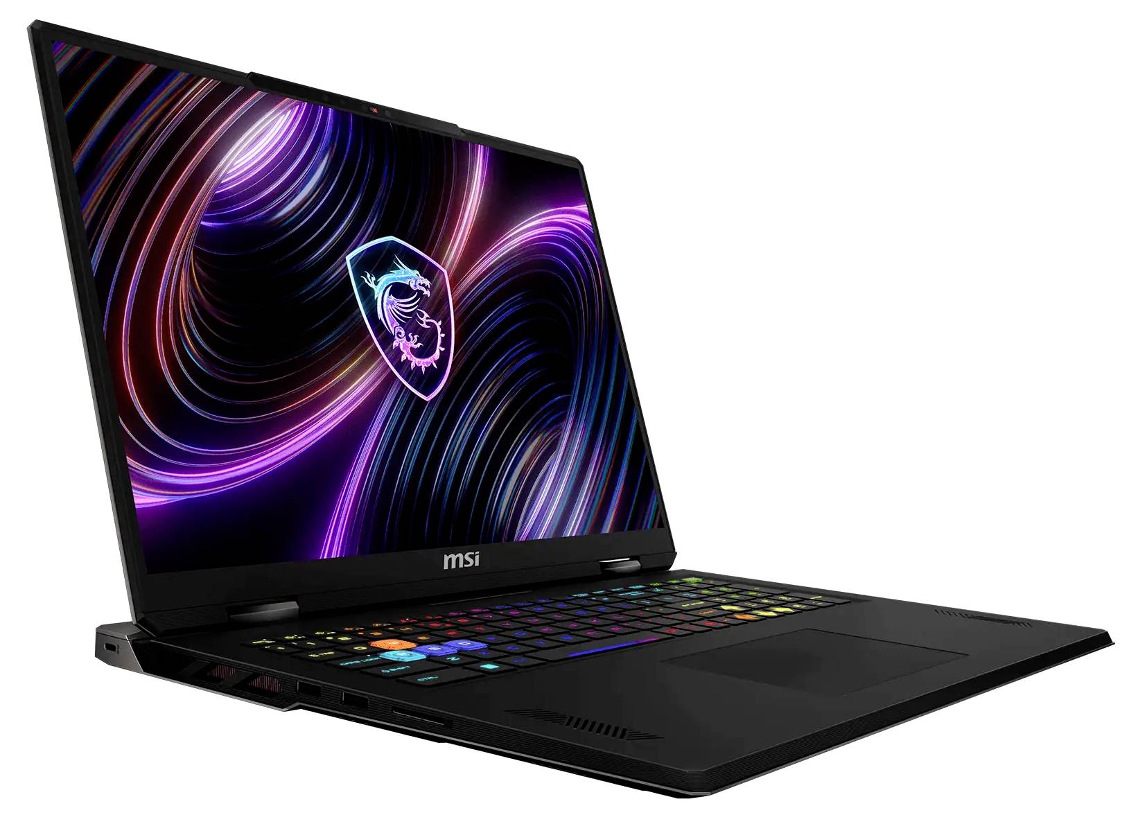 Schwarzer MSI Gaming-Laptop in schräger Position geöffnet, zeigt ein lebendiges Neon-abstraktes Hintergrundbild und farbige RGB-beleuchtete Tastatur.