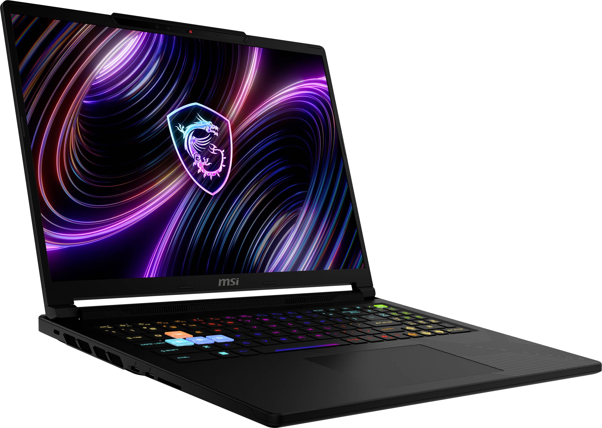 Schwarzer MSI-Gaming-Laptop in einem Winkel geöffnet, mit einer farbenfrohen RGB-Tastatur und einem abstrakten Neon-Drachen-Logo auf dem Bildschirm.