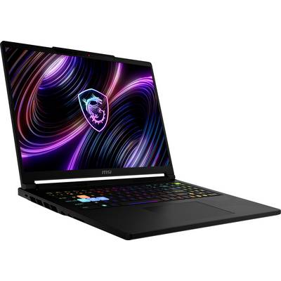Schwarzer MSI-Gaming-Laptop in einem Winkel geöffnet, mit einer farbenfrohen RGB-Tastatur und einem abstrakten Neon-Drachen-Logo auf dem Bildschirm.