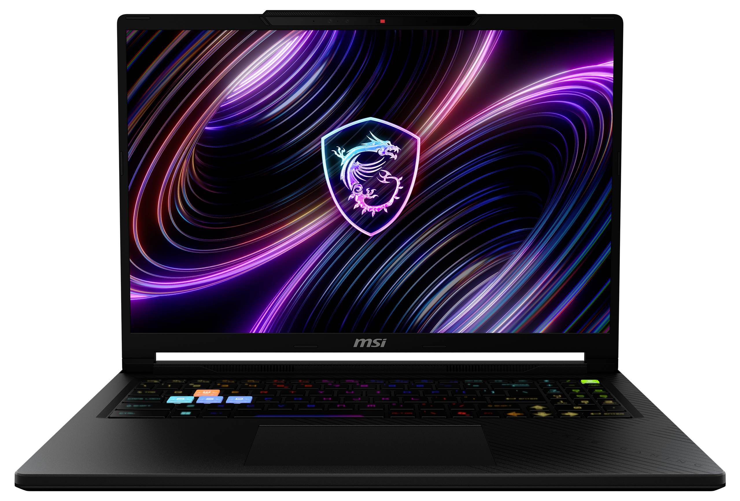Offenes MSI-Gaming-Laptop mit neon-abstraktem Hintergrundbild und beleuchtetem Keyboard