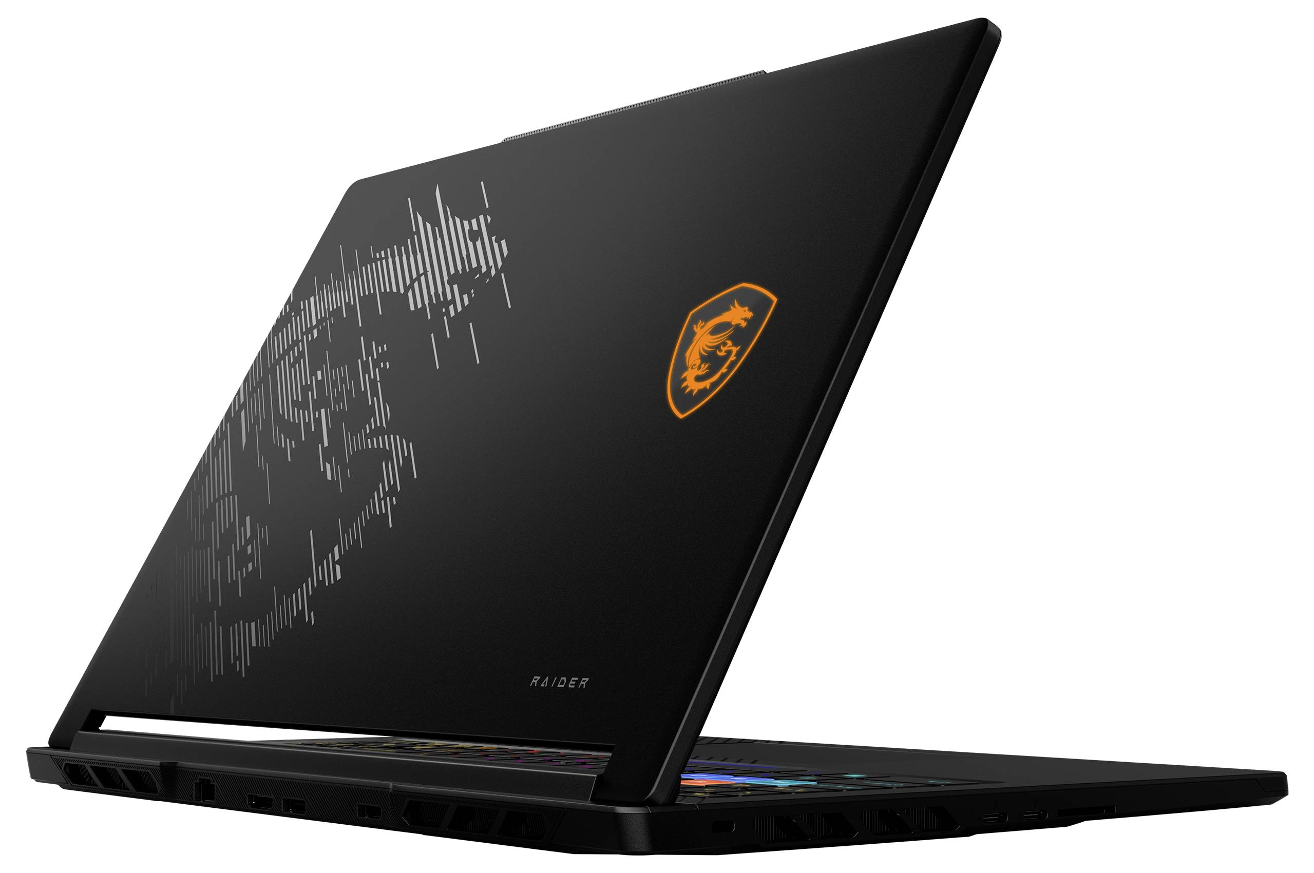Schwarzer MSI-Gaming-Laptop in Seitenansicht geöffnet, mit orangem Drachen-Logo und geometrischem Muster auf dem Deckel.