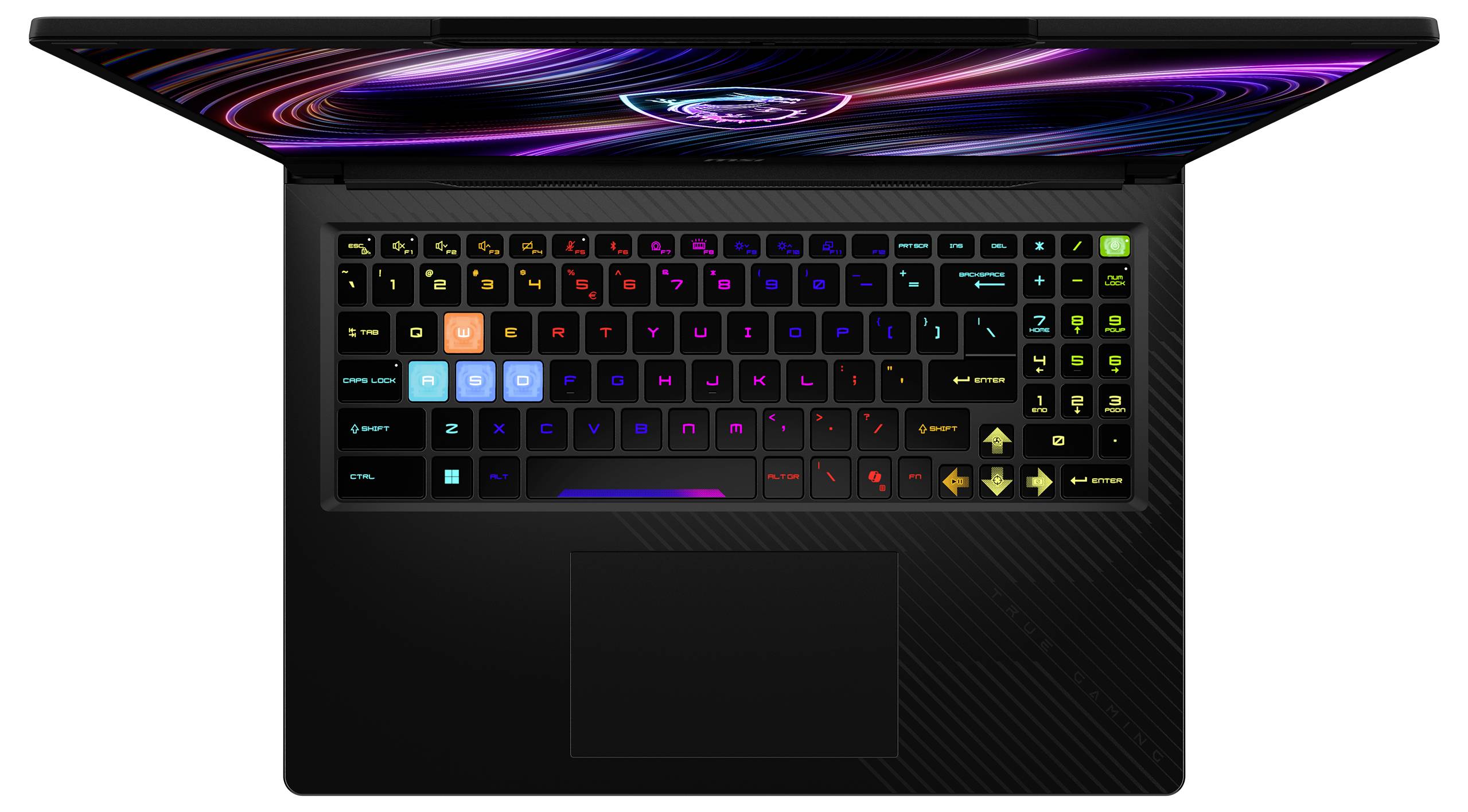 Draufsicht auf einen Gaming-Laptop mit farbig beleuchteter RGB-Tastatur, großem Touchpad und einem Bildschirm, der neon-abstrakte Grafiken anzeigt.