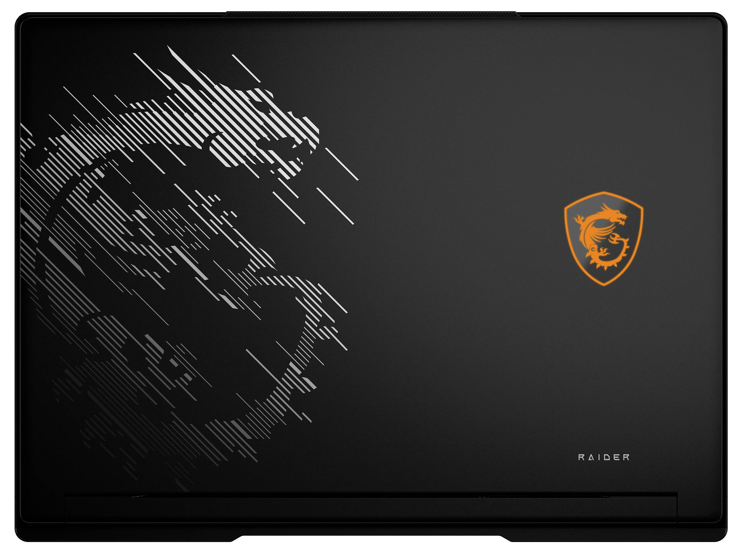 Schwarzer MSI Raider Laptop-Deckel mit orangem Drachenschild-Logo und diagonaler Line-Art-Drachengrafik auf der linken Seite
