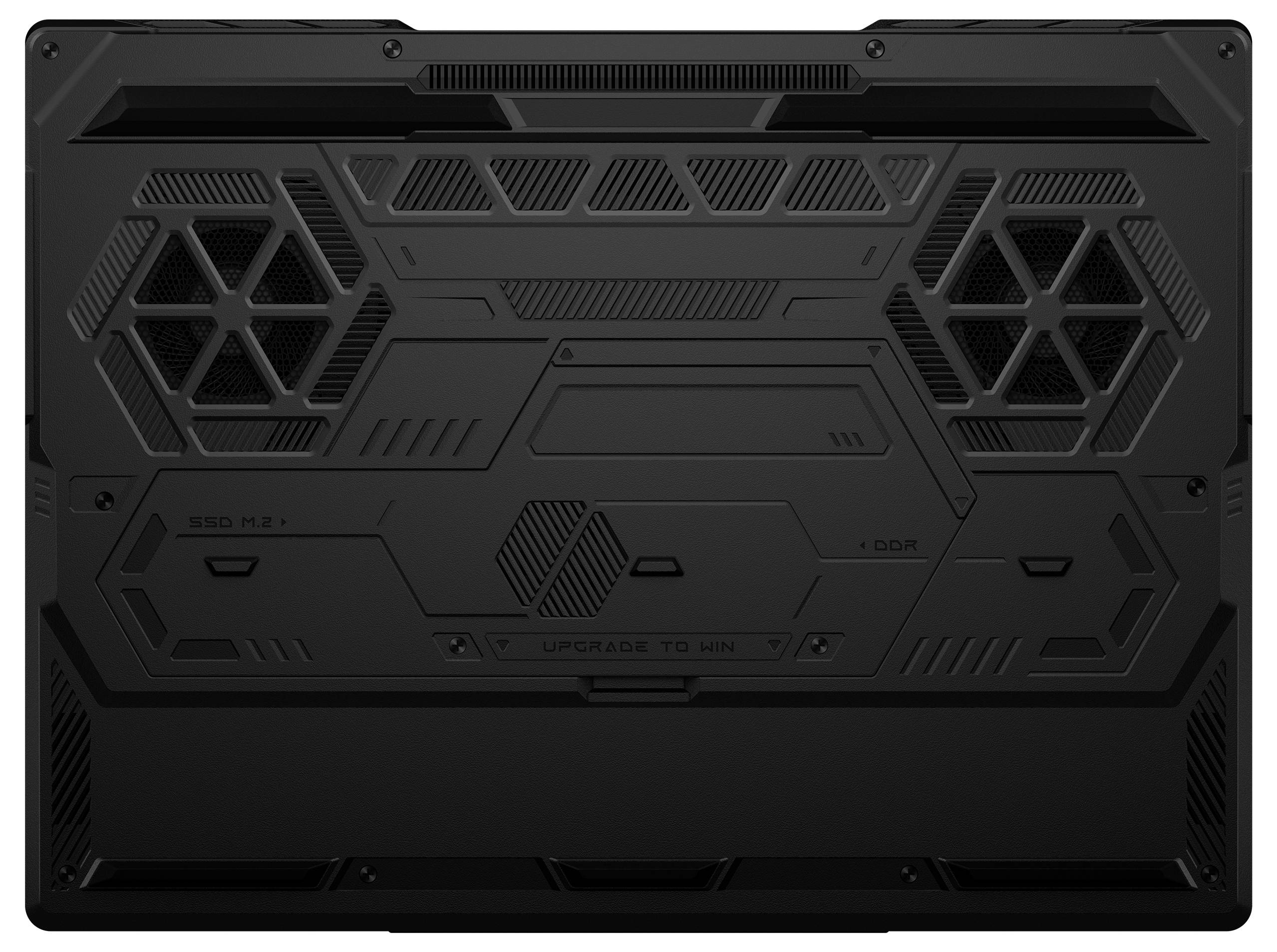 Rückseite eines schwarzen ASUS ROG Gaming-Laptops mit sechseckigen Lüftungsöffnungen und Abdeckungen für Anschlüsse mit der Aufschrift "UPGRADE TO 10TH".