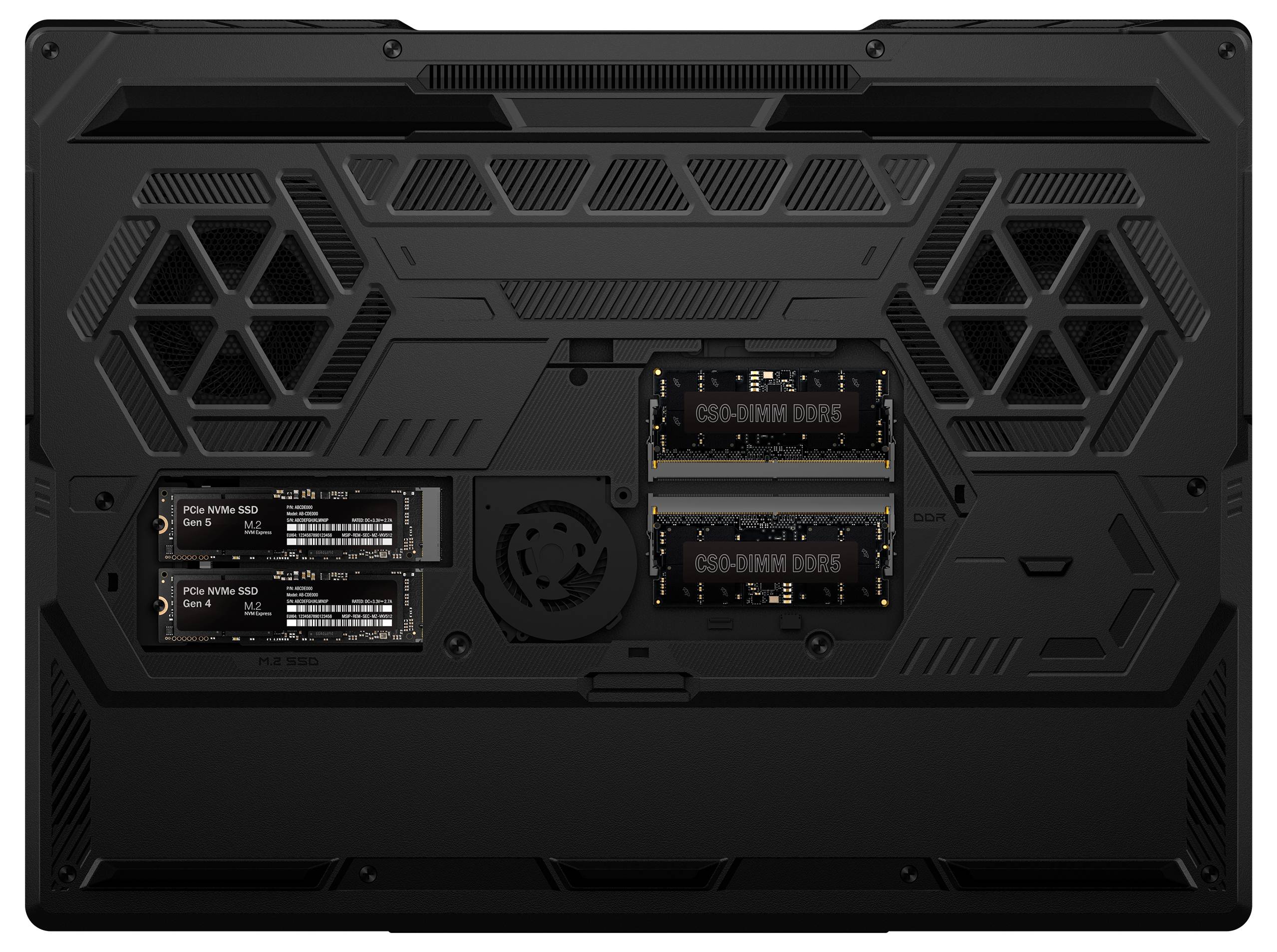 Rückansicht eines Laptops mit internen Upgrade-Schächten: zwei SSD-Steckplätze auf der linken Seite und zwei DDR5-Speichersteckplätze auf der rechten Seite.
