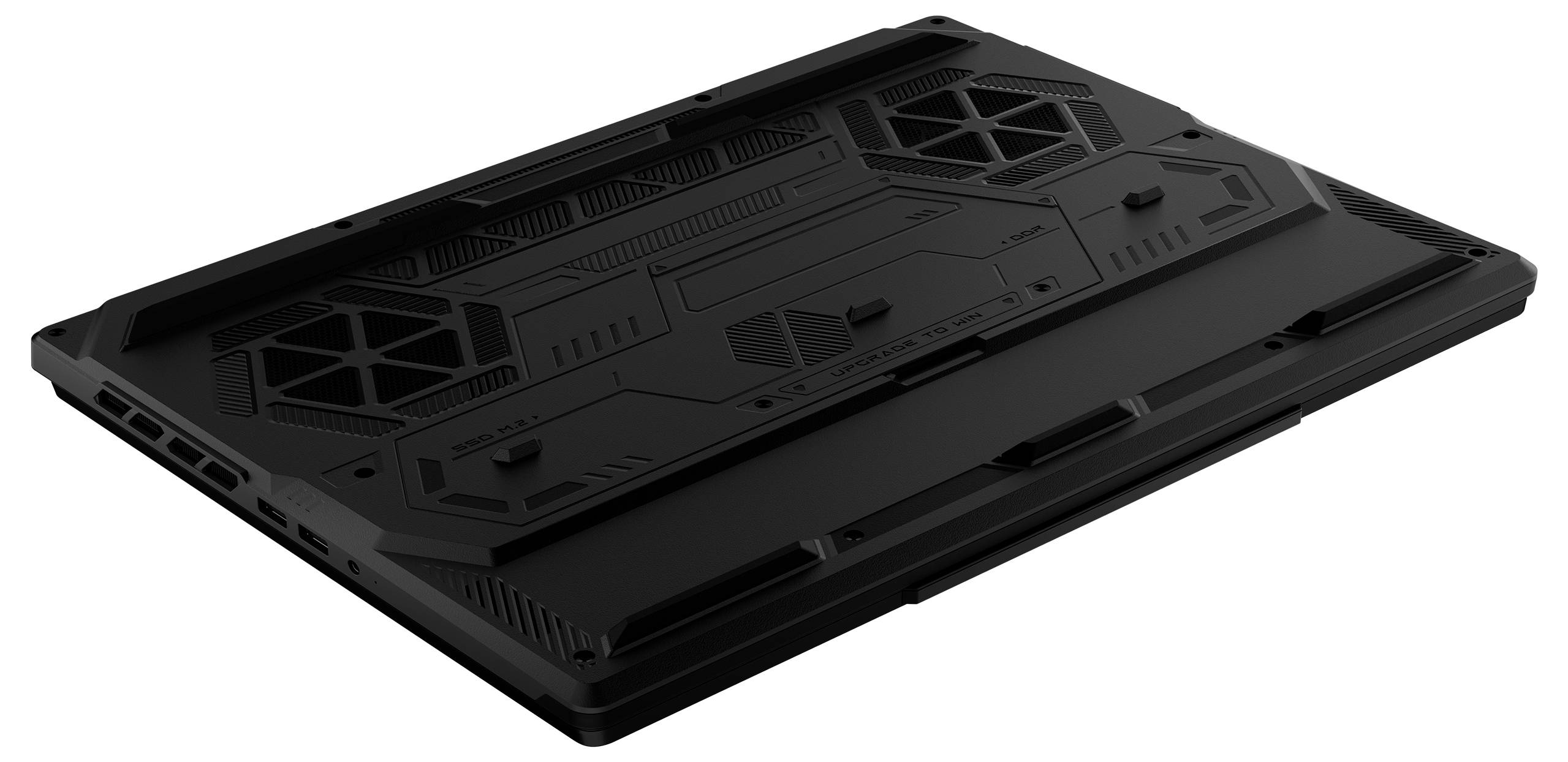Schwarzes Laptop-Kühlpad mit Belüftungsöffnungen und zwei integrierten Lüftern, im Winkel auf weißem Hintergrund abgebildet.