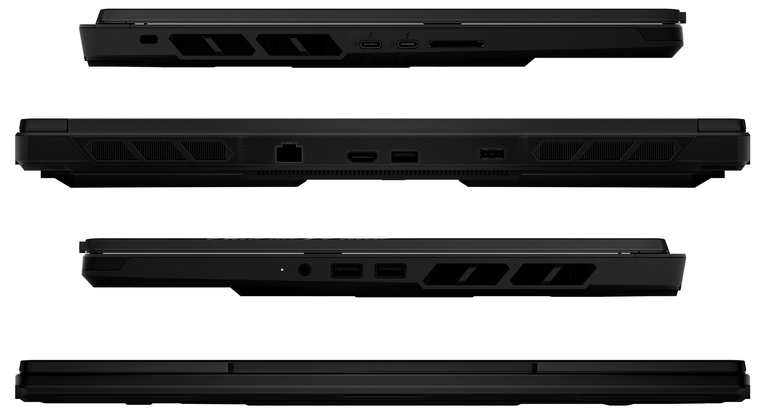 Vier schwarze Laptop-Ansichten zeigen die linken, rechten, vorderen und hinteren Kanten und heben die Anschlüsse, Lüftungsöffnungen und das dünne Profil hervor.
