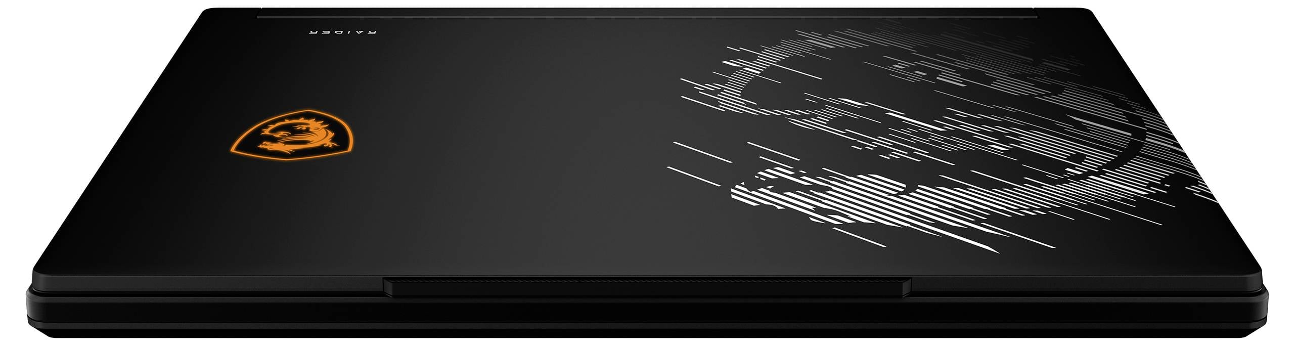 Schwarzer MSI-Laptop zugeklappt, zeigt das orangefarbene Drachenlogo und ein graues Grafikmuster auf dem Deckel.