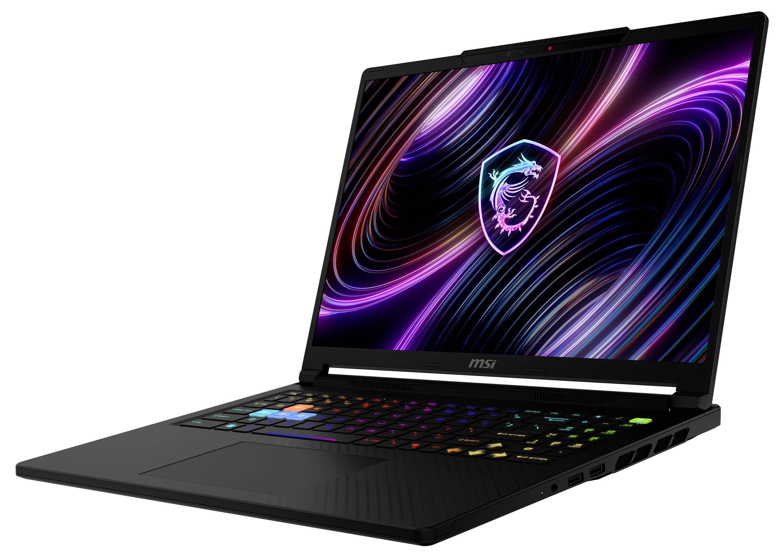 MSI Gaming-Laptop im Winkel geöffnet, zeigt eine farbenfrohe RGB-Tastatur und neon-leuchtendendes Drachen-Logo auf dem Bildschirm vor weißem Hintergrund.