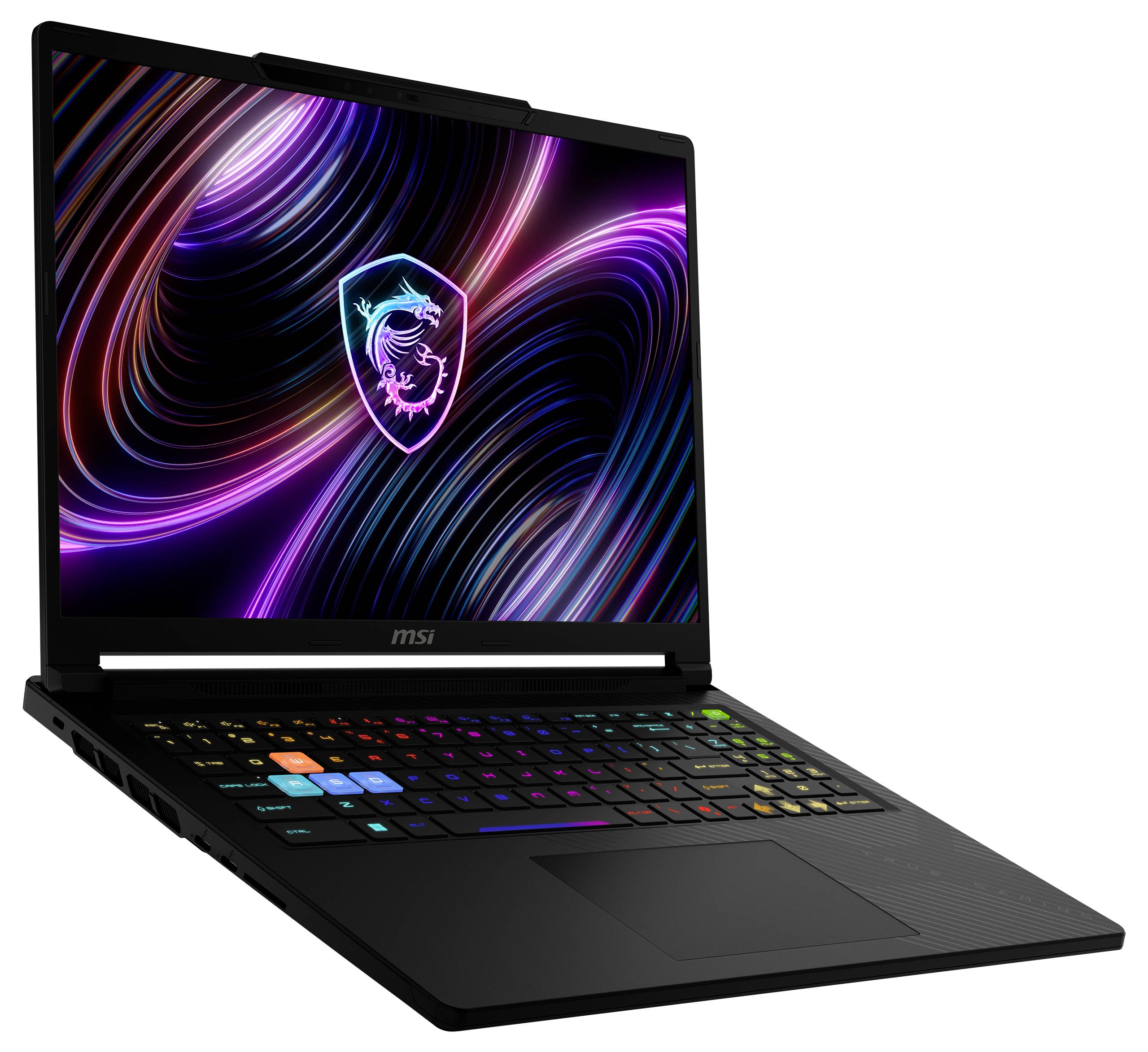 MSI Gaming Laptop geöffnet mit neon-abstraktem Hintergrundbild auf dem Bildschirm und RGB-hinterleuchter Tastatur, in geneigter Seitenansicht dargestellt.