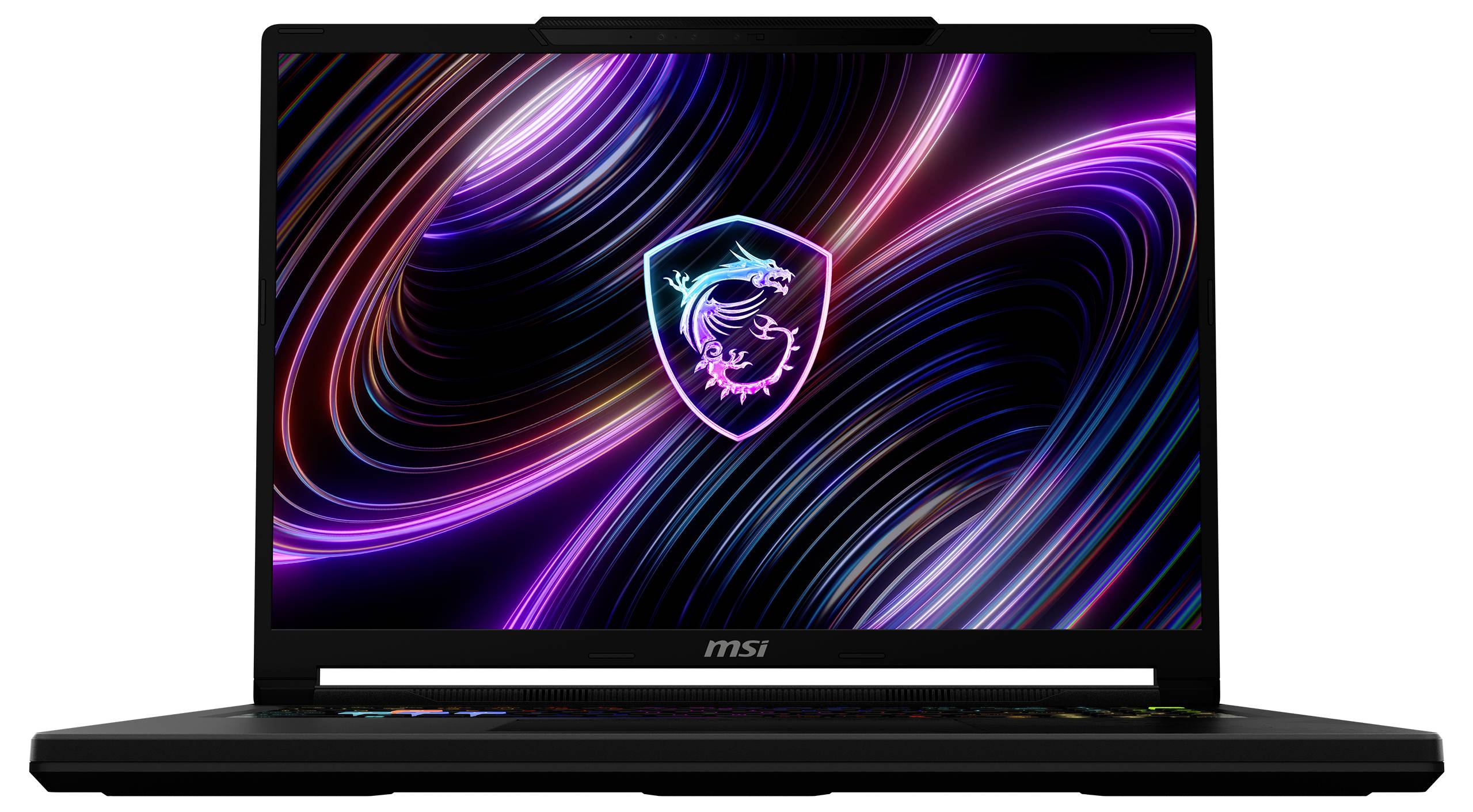 Ein schwarzer MSI-Laptop mit leuchtendem Neon-Drachenschild-Logo auf einem farbenfrohen abstrakten Display.