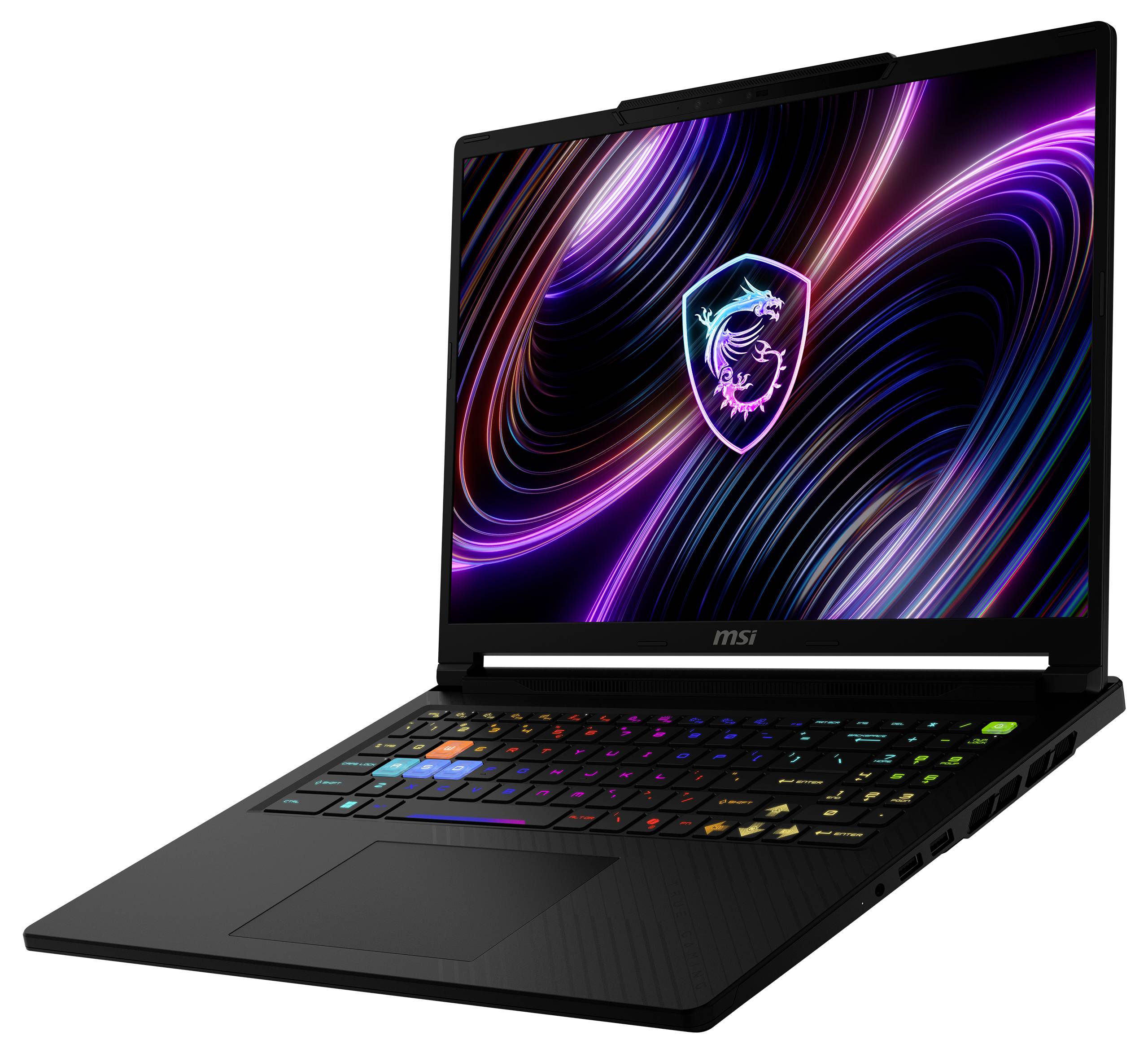 Öffnen Sie einen MSI Gaming-Laptop mit RGB-Tastaturbeleuchtung und Neon-Drachenlogo auf dem Bildschirm.