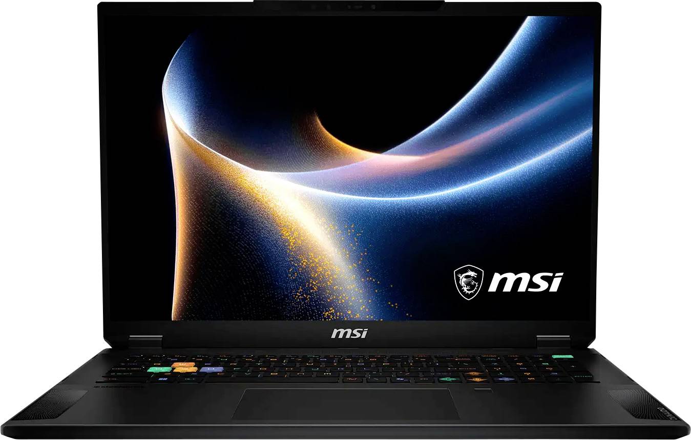 Schwarzer MSI Gaming-Laptop geöffnet und frontal ausgerichtet, zeigt ein farbenfroher abstraktes Hintergrundbild und MSI-Logo auf dem Bildschirm.