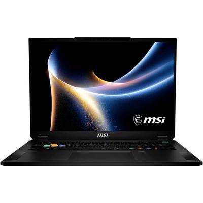 Schwarzer MSI Gaming-Laptop geöffnet und frontal ausgerichtet, zeigt ein farbenfroher abstraktes Hintergrundbild und MSI-Logo auf dem Bildschirm.