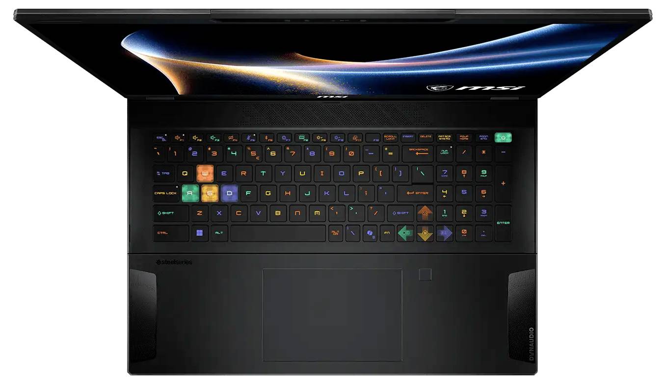 Draufsicht auf einen offenen MSI-Laptop mit beleuchter RGB-Tastatur und großem Touchpad auf weißem Hintergrund.