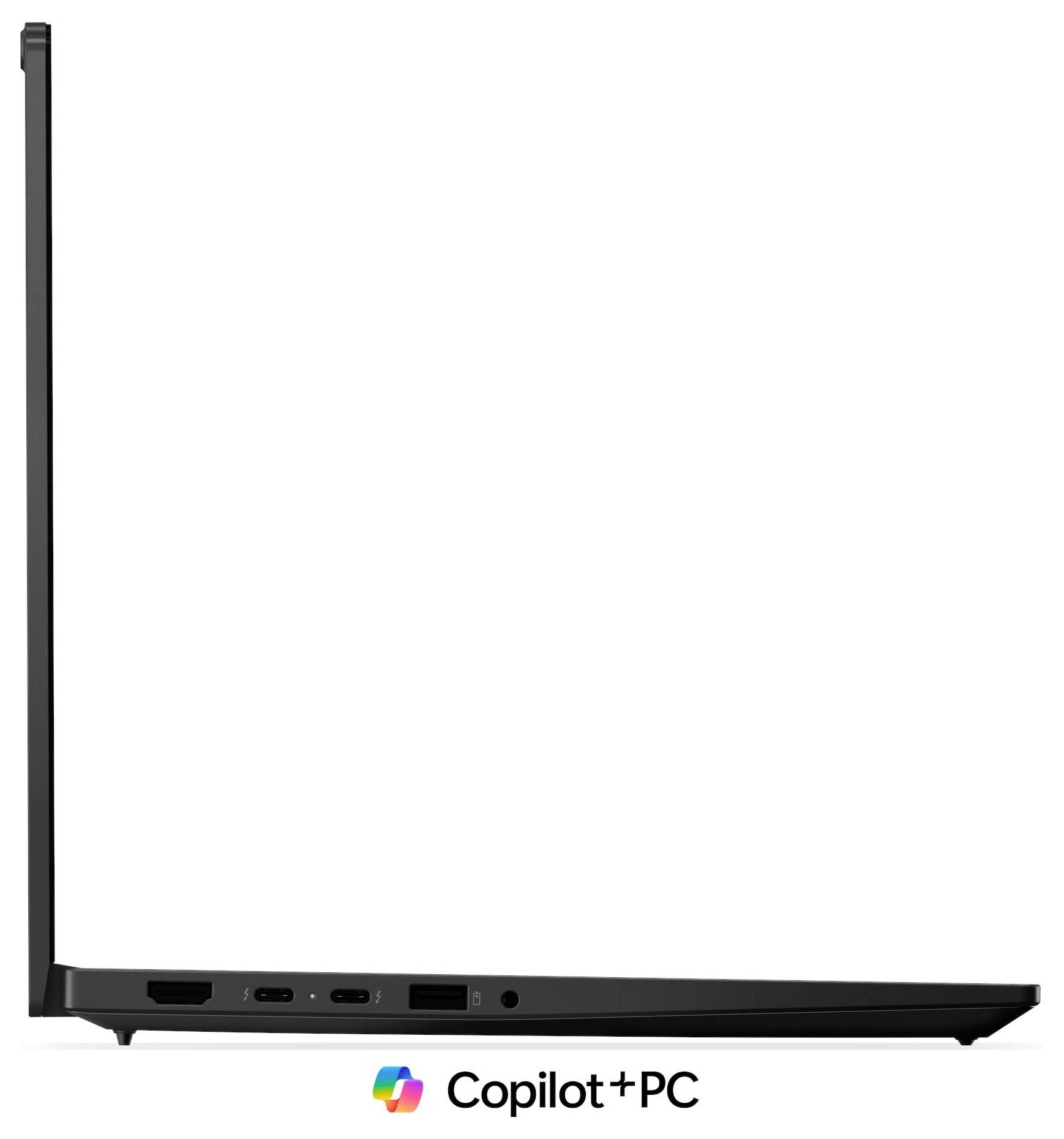 Seitenansicht eines schwarzen Laptops mit einem großen Display und dem Logo "Copilot+ PC" darunter.