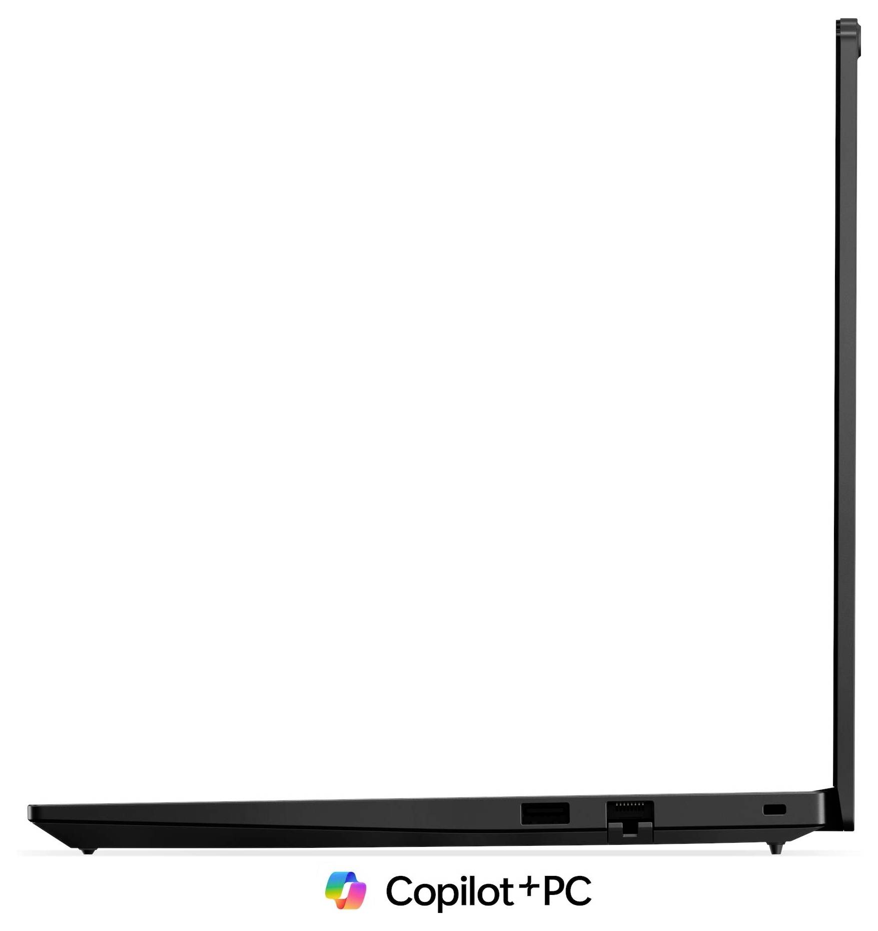 Seitenansicht eines schlanken schwarzen Laptops, geschlossen und sehr dünn, mit dem Logo "Copilot+PC" darunter angezeigt.