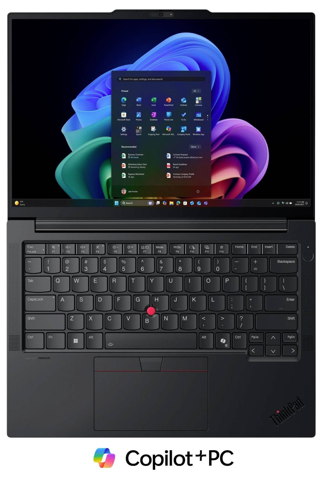 Lenovo ThinkPad-Laptop zeigt Windows 11-Startmenü und Copilot+ PC-Branding mit sichtbarer Tastatur und Trackpad.