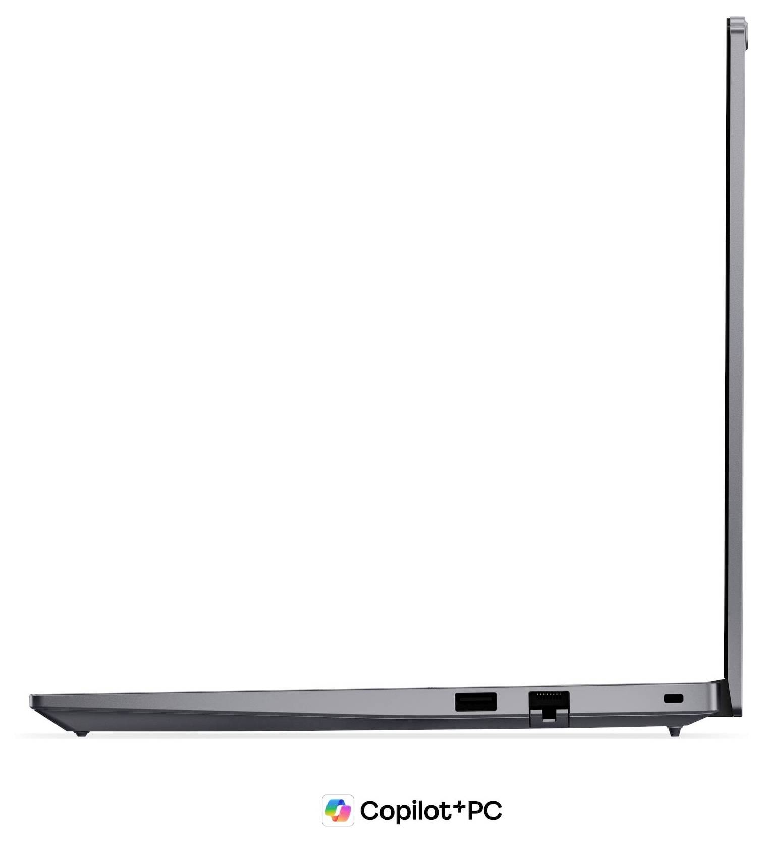 Schwarzer Lenovo ThinkPad-Laptop mit angezeigtem Windows 11-Startmenü und farbenfrohem abstraktem Hintergrund, dargestellt über der Markenbezeichnung "Copilot+PC".