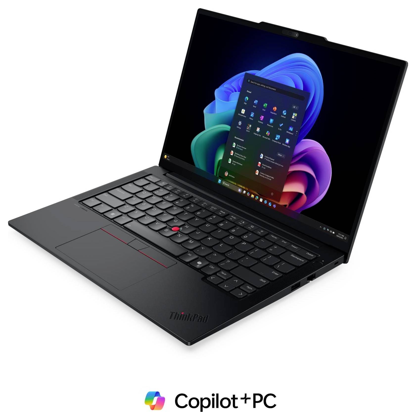 Schwarzer Lenovo ThinkPad Laptop, aufgeklappt auf weißem Hintergrund mit Windows 11 und dem Logo "Copilot+ PC" darunter.